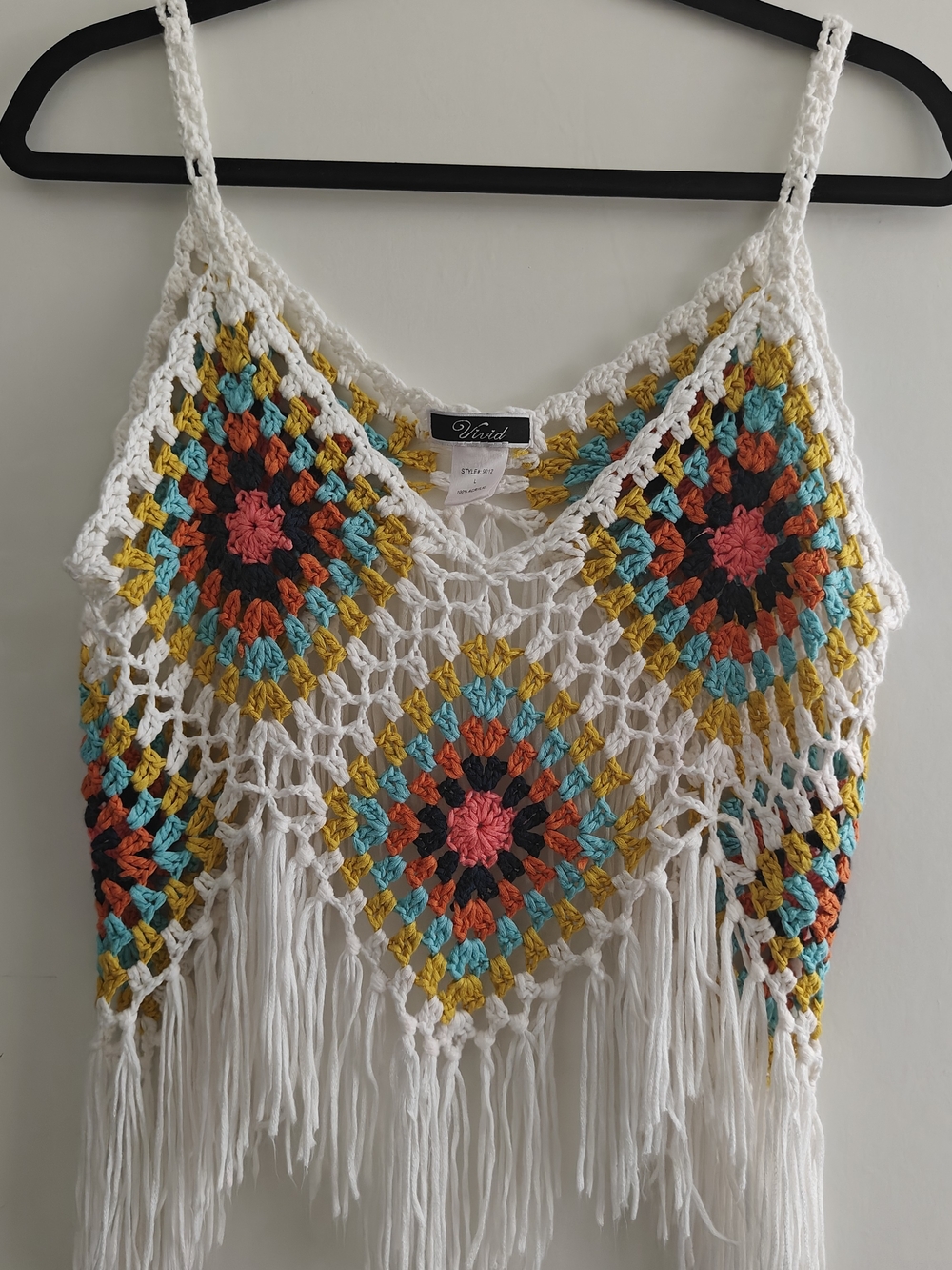 Vivid Crochet Fringe Spaghetti Strap V-Neck Boho Top White Multicolor Size L